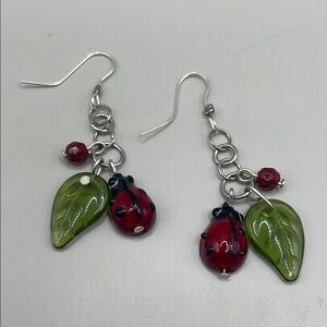 Charming Ladybug and Leaf Beaded Dangle Drop Statement Earrings